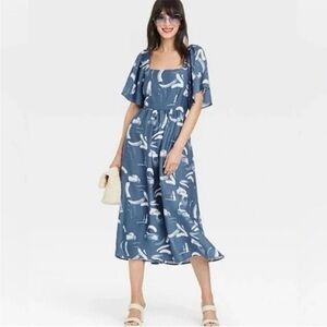 a new day Blue Printed Square-Neck Midi Dress with Flutter Sleeves